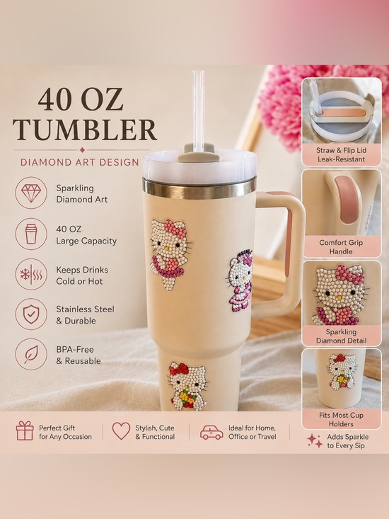 Handcrafted Other - Diamond Art Stainless Steel Tumbler with Handle - Cute Character Design